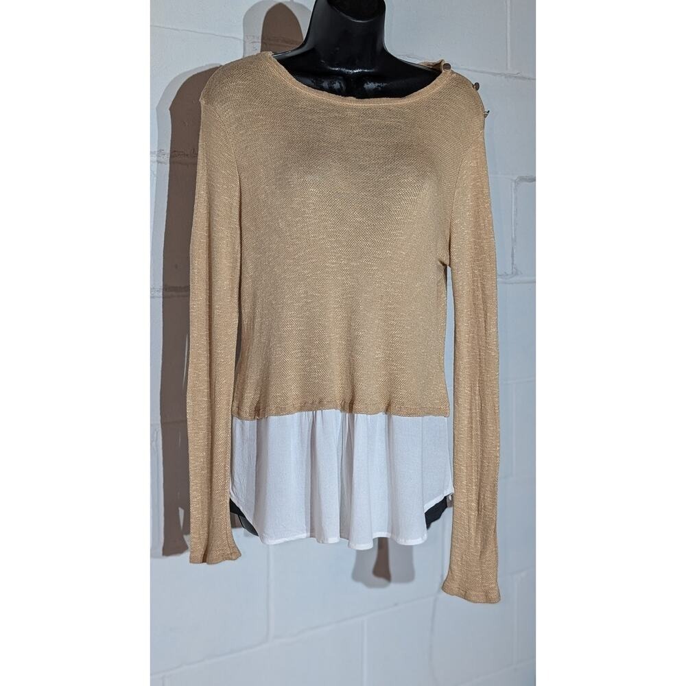 Bobeau Layered Look Top Long Sleeve Tan Beige White Blouse Small